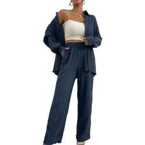 imageFloerns Womens 2 Piece Outfits Slit Hem Longline Blouse and Wide Leg Pants SetDeep Blue