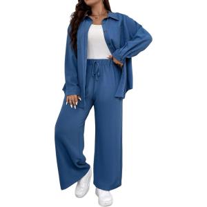 imageFloerns Womens 2 Piece Outfits Slit Hem Longline Blouse and Wide Leg Pants SetDusty Blue Solid
