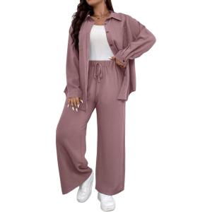 imageFloerns Womens 2 Piece Outfits Slit Hem Longline Blouse and Wide Leg Pants SetDusty Pink