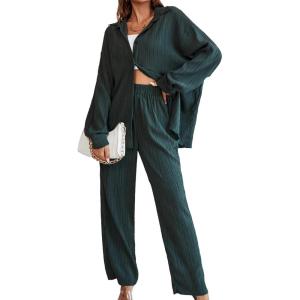imageFloerns Womens 2 Piece Outfits Slit Hem Longline Blouse and Wide Leg Pants SetForest Green