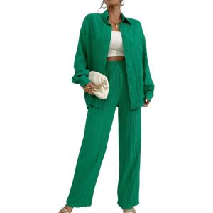 imageFloerns Womens 2 Piece Outfits Slit Hem Longline Blouse and Wide Leg Pants SetGreen