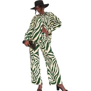 imageFloerns Womens 2 Piece Outfits Slit Hem Longline Blouse and Wide Leg Pants SetGreen Zebra