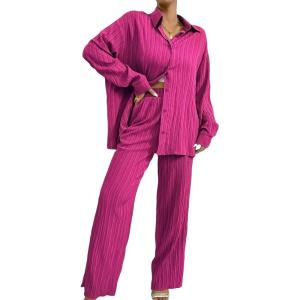 imageFloerns Womens 2 Piece Outfits Slit Hem Longline Blouse and Wide Leg Pants SetHot Pink