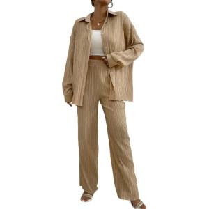 imageFloerns Womens 2 Piece Outfits Slit Hem Longline Blouse and Wide Leg Pants SetKhaki