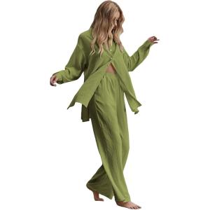 imageFloerns Womens 2 Piece Outfits Slit Hem Longline Blouse and Wide Leg Pants SetLight Green