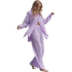 imageFloerns Womens 2 Piece Outfits Slit Hem Longline Blouse and Wide Leg Pants SetLilac Purple