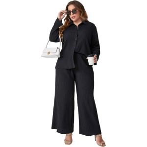 imageFloerns Womens 2 Piece Outfits Slit Hem Longline Blouse and Wide Leg Pants SetPlus Black