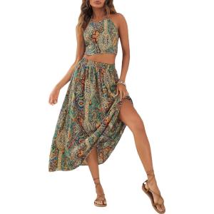 imageFloerns Womens Boho Paisley Print Halter Tied Backless Crop Top and Midi Skirt SetMulticolor