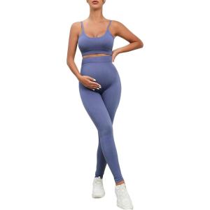 imageFloerns Womens Maternity 2 Piece Outfit Scoop Neck Crop Tank Top Legging SetDusty Blue