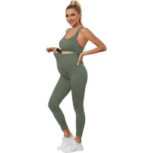 imageFloerns Womens Maternity 2 Piece Outfit Scoop Neck Crop Tank Top Legging SetGreen