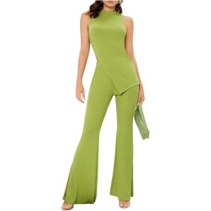 imageFloerns Womens Mock Neck Slit Hem Tank Top and Pants Set Two Piece OutfitLime Green
