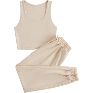 imageFloerns Womens Solid Drawstring Waist Jogger Set Crop Tank Top Two Piece OutfitBeige