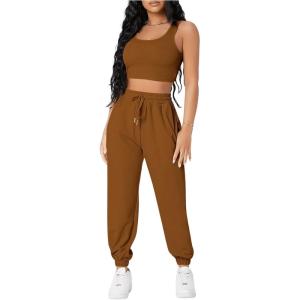 imageFloerns Womens Solid Drawstring Waist Jogger Set Crop Tank Top Two Piece OutfitBrown