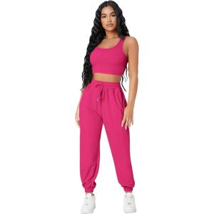 imageFloerns Womens Solid Drawstring Waist Jogger Set Crop Tank Top Two Piece OutfitHot Pink