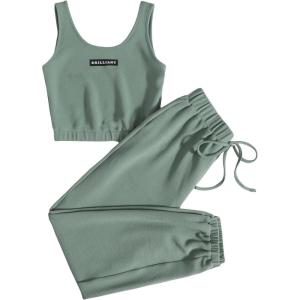imageFloerns Womens Solid Drawstring Waist Jogger Set Crop Tank Top Two Piece OutfitMint Green