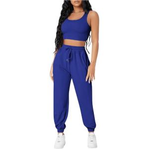 imageFloerns Womens Solid Drawstring Waist Jogger Set Crop Tank Top Two Piece OutfitRoyal Blue