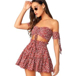 imageFloerns Womens Two Piece Outfit Floral Off Shoulder Drawstring Crop Top and Skirt SetA Red Floral