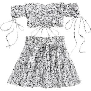 imageFloerns Womens Two Piece Outfit Floral Off Shoulder Drawstring Crop Top and Skirt SetBlack and White