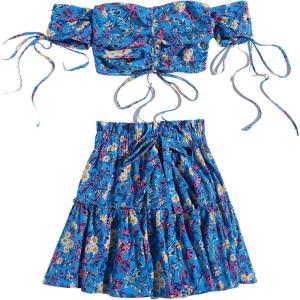 imageFloerns Womens Two Piece Outfit Floral Off Shoulder Drawstring Crop Top and Skirt SetDeep Blue