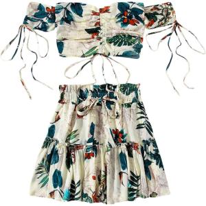 imageFloerns Womens Two Piece Outfit Floral Off Shoulder Drawstring Crop Top and Skirt SetGreen Multi