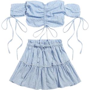imageFloerns Womens Two Piece Outfit Floral Off Shoulder Drawstring Crop Top and Skirt SetLight Blue