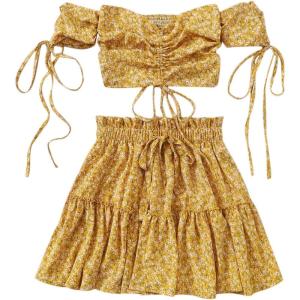 imageFloerns Womens Two Piece Outfit Floral Off Shoulder Drawstring Crop Top and Skirt SetYellow Ditsy Floral