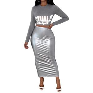 imageFloerns Womens Two Piece Outfit Graphic Print Crop Tee Metallic Pencil Skirt SetGrey