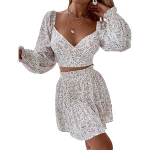 imageFloerns Womens Two Piece Outfit Sweetheart Neck Crop Top and Mini Skirt SetWhite Multi