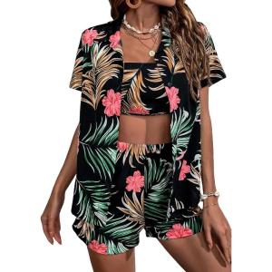 imageFloerns Womens 3 Piece tropical print blouse and Shorts with Tube TopBlack