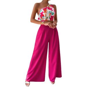 imageFloerns Womens One Shoulder Crop Top Wide Leg Long Pants Set Two Piece OutfitA Hot Pink