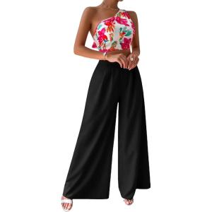 imageFloerns Womens One Shoulder Crop Top Wide Leg Long Pants Set Two Piece OutfitBlack Floral