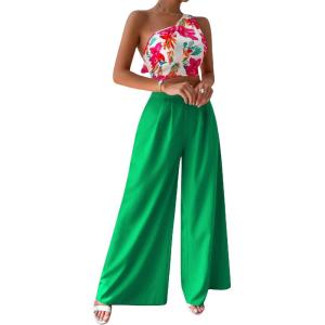 imageFloerns Womens One Shoulder Crop Top Wide Leg Long Pants Set Two Piece OutfitGreen