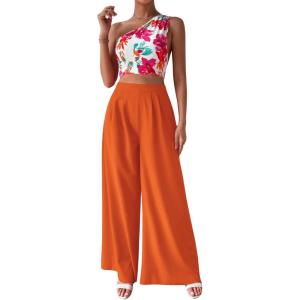 imageFloerns Womens One Shoulder Crop Top Wide Leg Long Pants Set Two Piece OutfitOrange