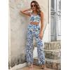 imageFloerns Womens 2 Piece Summer Boho Floral Print Knot Shoulder Zip Back Crop Cami Top and Maxi Pants SetBlue White Flower