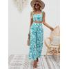 imageFloerns Womens 2 Piece Summer Boho Floral Print Knot Shoulder Zip Back Crop Cami Top and Maxi Pants SetMint Blue and White