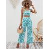 imageFloerns Womens 2 Piece Summer Boho Floral Print Knot Shoulder Zip Back Crop Cami Top and Maxi Pants SetMint Blue and White