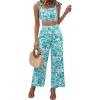 imageFloerns Womens 2 Piece Summer Boho Floral Print Knot Shoulder Zip Back Crop Cami Top and Maxi Pants SetMint Blue and White