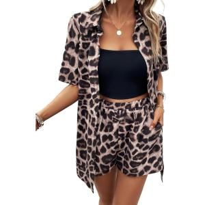 imageFloerns Womens 2 Piece Outfit Floral Print Button Front Shirt with Shorts SetBrown Leopard