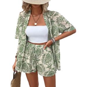 imageFloerns Womens 2 Piece Outfit Floral Print Button Front Shirt with Shorts SetGreen