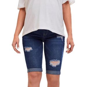 imageFloerns Womens Maternity Colorblock Ripped Roll Up Hem Pregnancy Denim ShortsDark Blue
