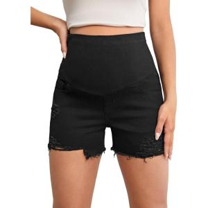 imageFloerns Womens Maternity Ripped Roll Hem Jeans Pregnant Denim ShortsBlack Solid