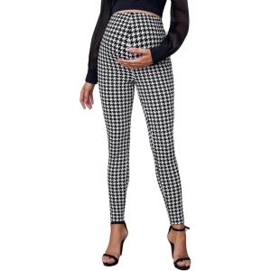 imageFloerns Womens Houndstooth Print Leggings Pregnancy Elastic Waist Skinny PantsBlack and White