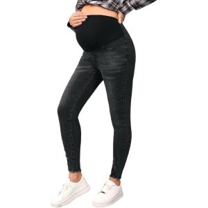 imageFloerns Womens Maternity High Waist Ripped Hem Denim Jeans Pants with PocketBlack Solid