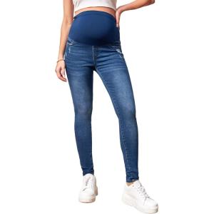 imageFloerns Womens Maternity High Waist Ripped Hem Denim Jeans Pants with PocketLake Blue