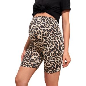 imageFloerns Womens Maternity Leopard Print Elastic High Waist Sporty Biker ShortsA Brown