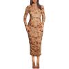 imageFloerns Womens Maternity Floral Print Ruched Bodycon Dress Long Sleeve Mock Neck DressesKhaki Multi
