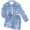 imageFloerns Girls 2 Piece Outfit Collared Button Up Long Sleeve Denim Jacket And Short Skirt Set Light Wash 1112Y