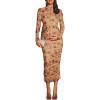 imageFloerns Womens Maternity Floral Print Ruched Bodycon Dress Long Sleeve Mock Neck DressesKhaki Multi