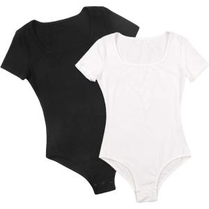 imageFloerns Girls 2 Pcs Short Sleeve Scoop Neck Tee Shirt Bodysuit LeotardBlack and White