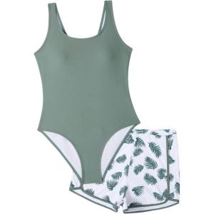imageFloerns Girls Boho Tropical Print Sleeveless One Piece Swimsuits with Shorts Cover UpGreen Multi